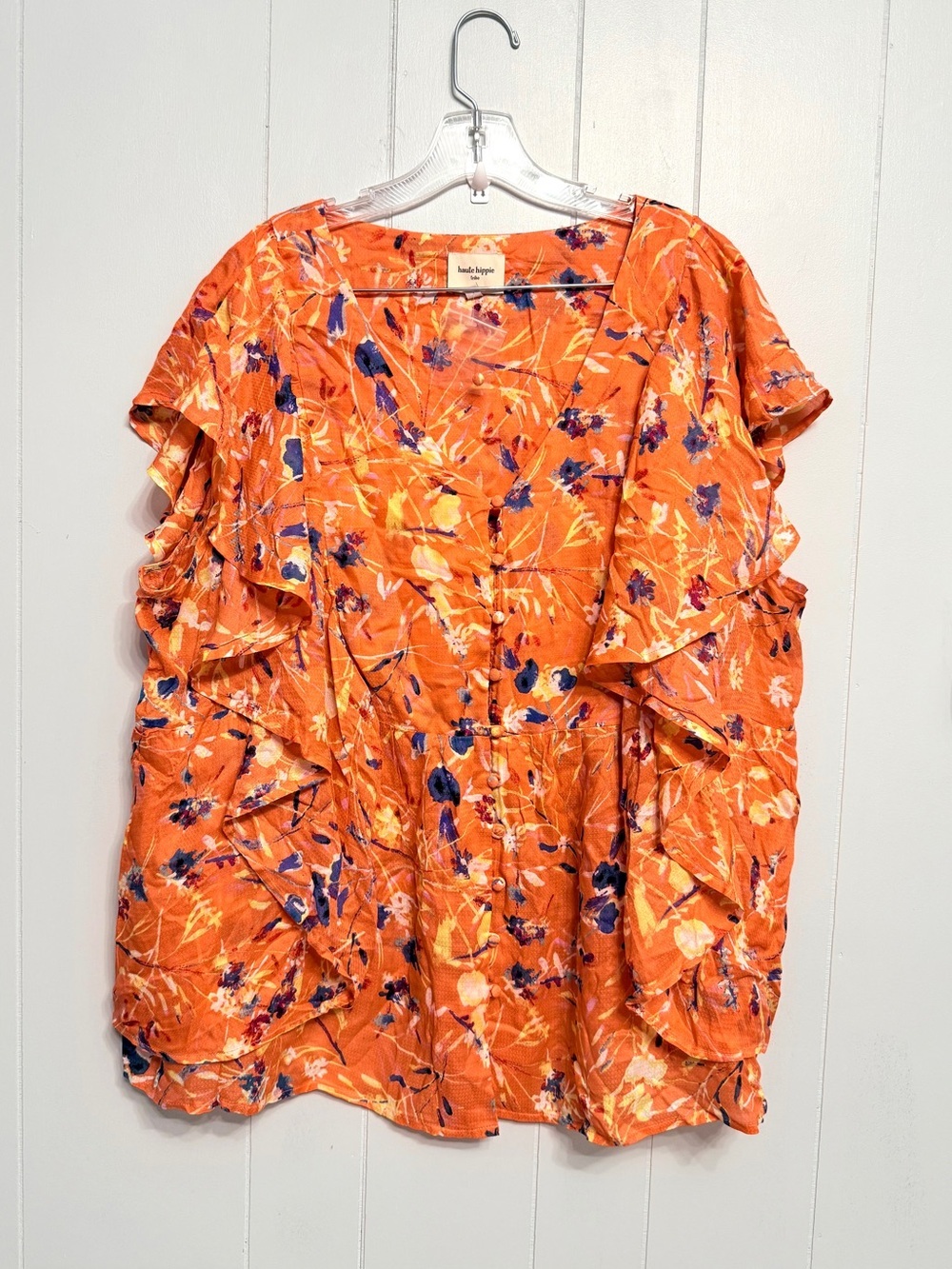 Haute Hippie Orange Multicolor Floral Ruffle Tunic Top V-Neck Flutter Sleeve 3X
